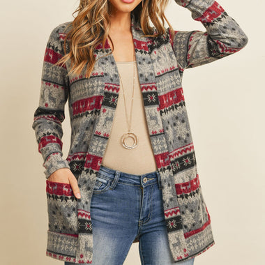 Boho Print Long Sleeved Front Pocket Open Cardigan